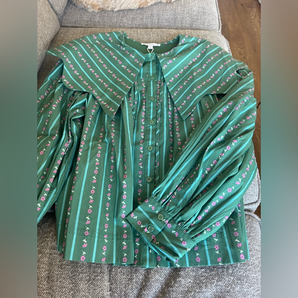 Karlie- NWT Floral Ditsy Green Striped Bow-Tie Collar Women's Blouse - Picture 4 of 6